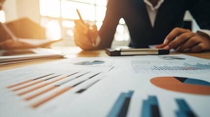 Business development planning features a collaborative team analyzing documents and charts in a contemporary office, focusing on strategy and future growth.