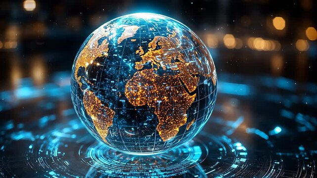 Earth Hologram with Illuminated Continents. A digital visualization showcasing the planet viewed from space, featuring glowing blue continents against a dark background, symbolizing global connectivit