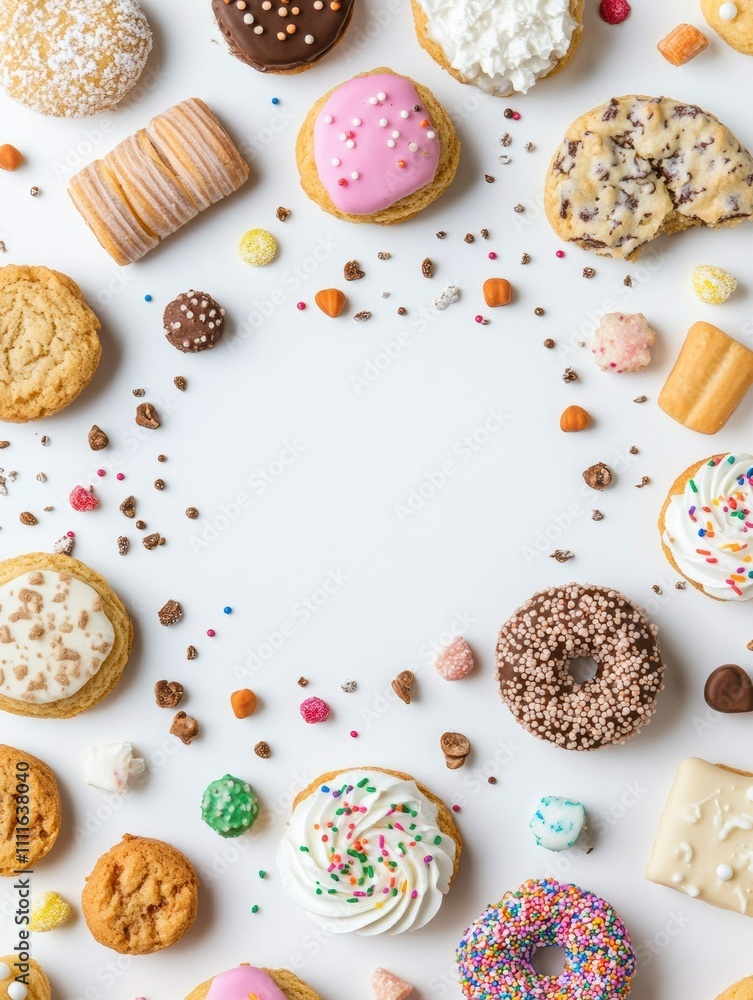 Poster variety of colorful cookies and sweets arranged on a white background, featuring a circular design w