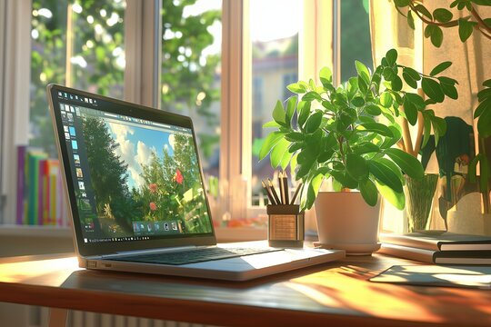 A cozy home office with a wooden desk, a laptop, and a small potted succulent bathed in natural light.