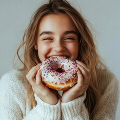 Girl joyfully holds a delicious donut with sprinkles