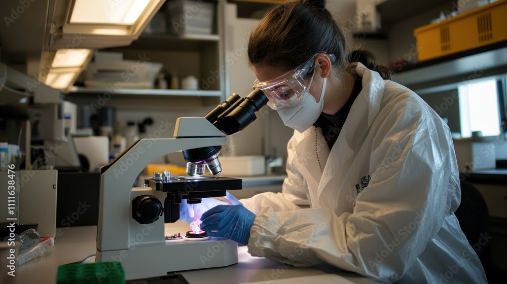 Poster scientist examining samples under a microscope in a lab
