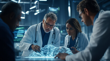 diverse medical team discusses complex case using holographic technology