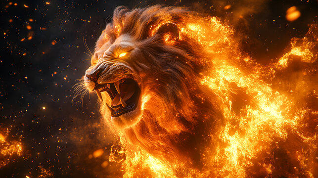 Roaring mighty fantasy lion with flames and glowing lights