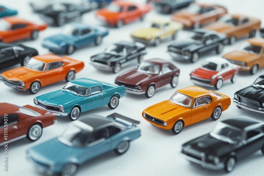 Poster colorful miniature car models are artistically arranged on a clean white background, providing space