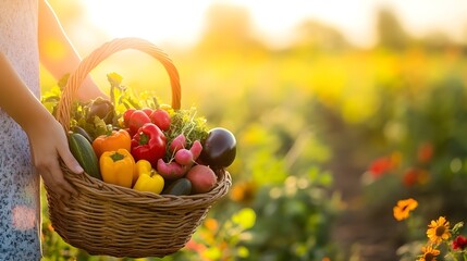 Naklejka premium Woman’s Hand Holding Basket of Vegetables.