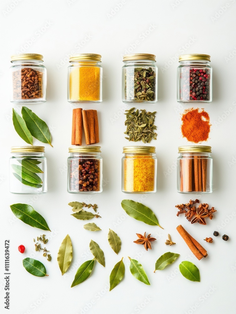 Aufkleber Small jars filled with vibrant spices are arranged with bay leaves and cinnamon sticks, offering an inviting and aromatic display. Generative AI