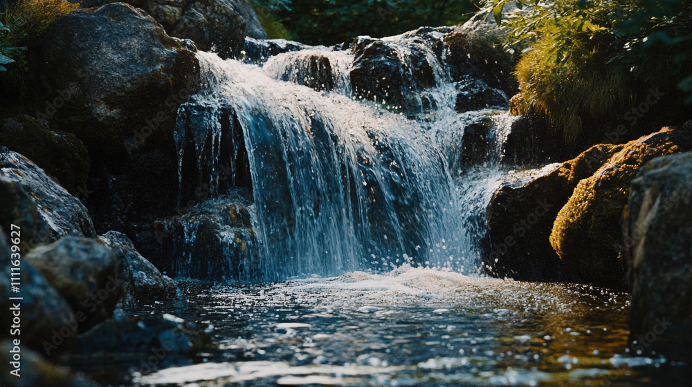 Poster sparkling waterfall cascading over rocks in a peaceful forest setting during daytime