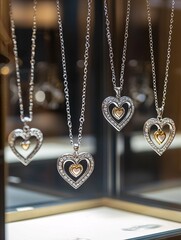 Fototapeta premium A delicate necklace display showcases heartwarming jewelry with intricate silver and gold designs, beautifully illuminated by soft lighting to emphasize their emotional significance.