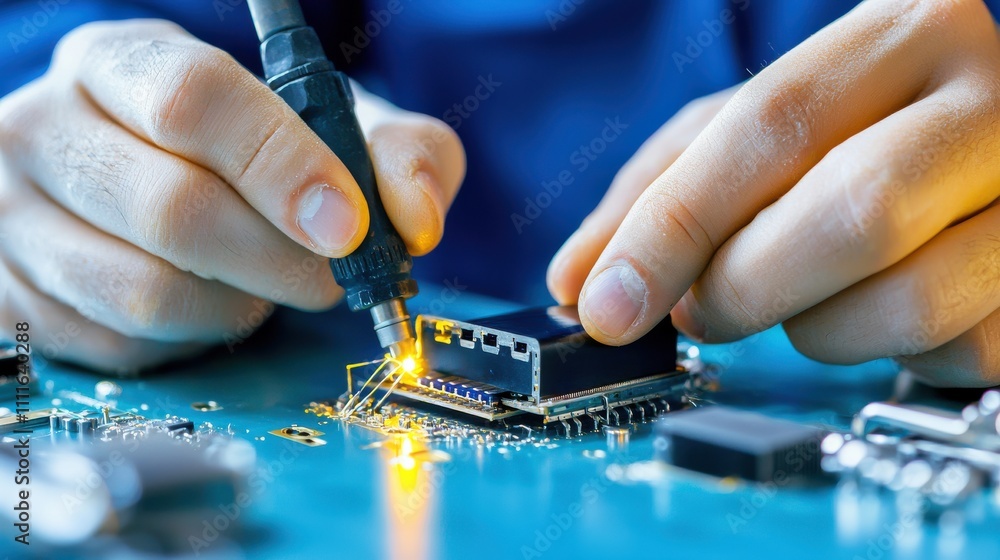 Poster a technician soldering components on a circuit board, demonstrating precision and skill in electroni