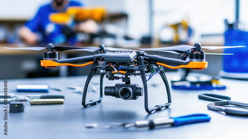 Poster a drone equipped with a camera is displayed on a workshop table, surrounded by tools and components,