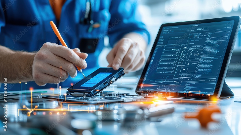 Poster a technician repairs a smartphone while referencing digital data on a tablet, surrounded by electron