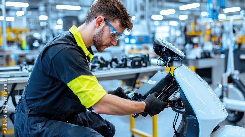 Poster a technician works on assembling a vehicle in a modern factory, showcasing precision and skill in a 