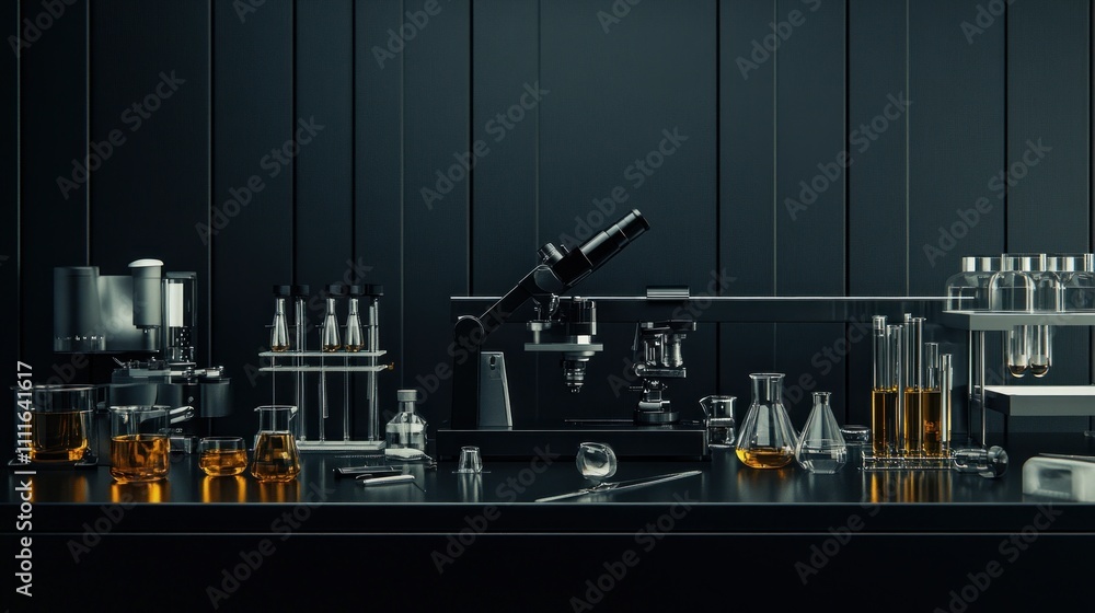 Poster laboratory setup with glassware and a microscope