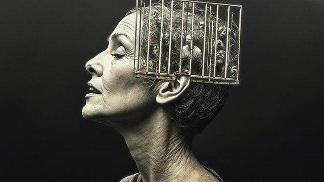 AI generative side closeup of head of mature neurotic Caucasian woman with cage around her head, faces of ugly ghostly people in hair. Woman hearing evil voices, opening mouth and moaning in agony