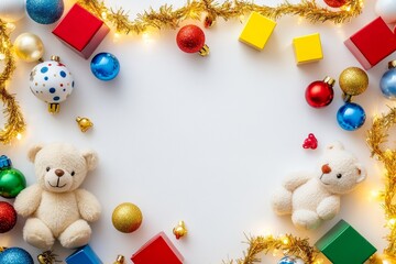 Obraz premium Colorful toy frame featuring teddy bears, cars, and balls with festive golden bokeh background