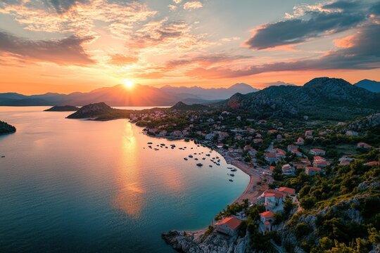 Aerial view of coastal town at sunset.
