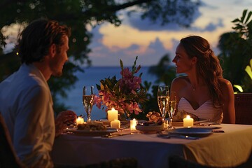 A couple delights in a candlelit dinner at a elegantly decorated table, complete with soft linens, fine china, and the ambiance of flickering candles and flowers.