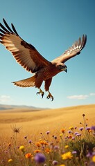 Naklejka premium Majestic Hawk Soaring Over Golden Fields Under Clear Blue Sky