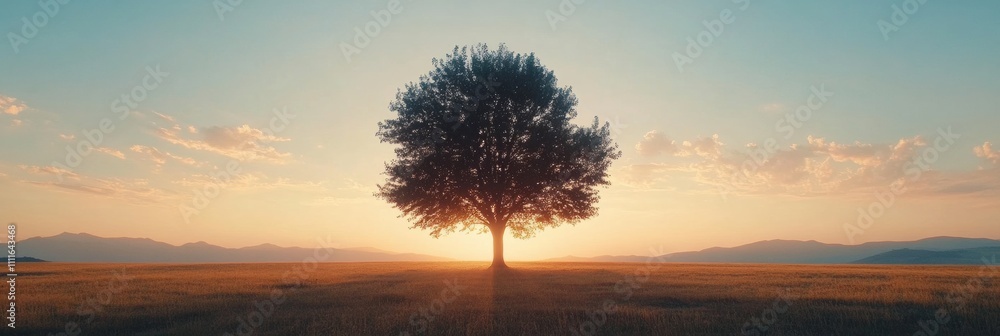 Aufkleber a solitary tree rises in an expansive field as the sun sets, casting warm light across the landscape