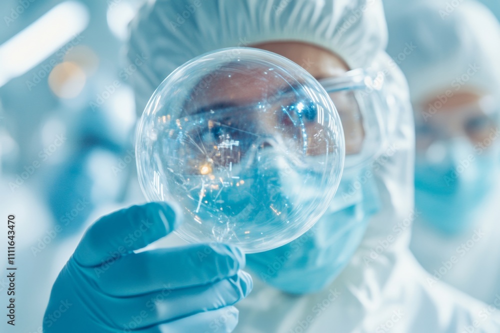 Aufkleber futuristic scientists analyzing transparent sphere in high-tech laboratory