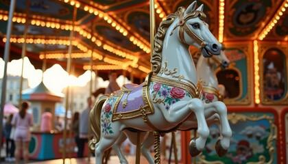 Ornate Antique Carousel Horse on a Colorful Spinning Merry-Go-Round