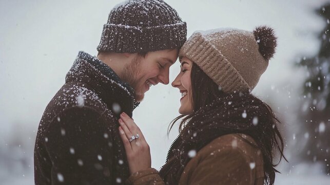 A winter wonderland proposal showcases a couple's romantic embrace amidst gentle snowfall, with the man&rsquo;s hopeful gaze on the ring, creating a lasting memory.