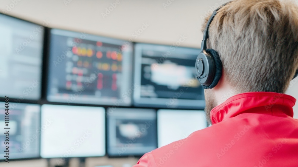 Poster focused engineer monitoring space mission in high-tech control room