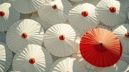 White Paper Parasols with a Single Red Parasol Background. Wallpaper