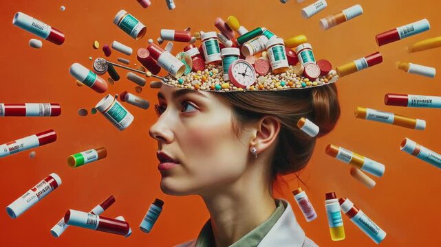 AI generated closeup of face of young blonde Caucasian female doctor in white coat, with images of medicines, pills, pharmaceutical drugs, vitamins, antidepressants, painkillers exploding in her mind