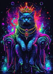 A regal cat adorned with a crown, sitting on a vibrant throne.