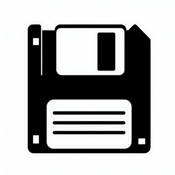 A black and white illustration of a floppy disk.