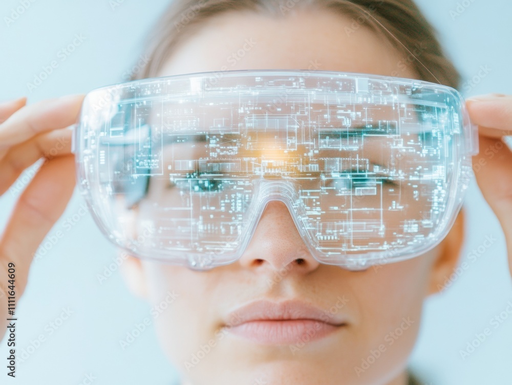 Aufkleber futuristic engineering woman using ar glasses in high-tech laboratory for machine assembly