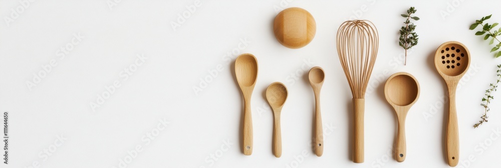 Poster wooden kitchen utensils such as spatulas, whisks, and small pots are neatly arranged on a white surf