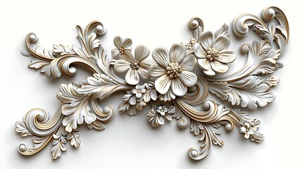 Elegant white and gold floral 3D relief ornament.