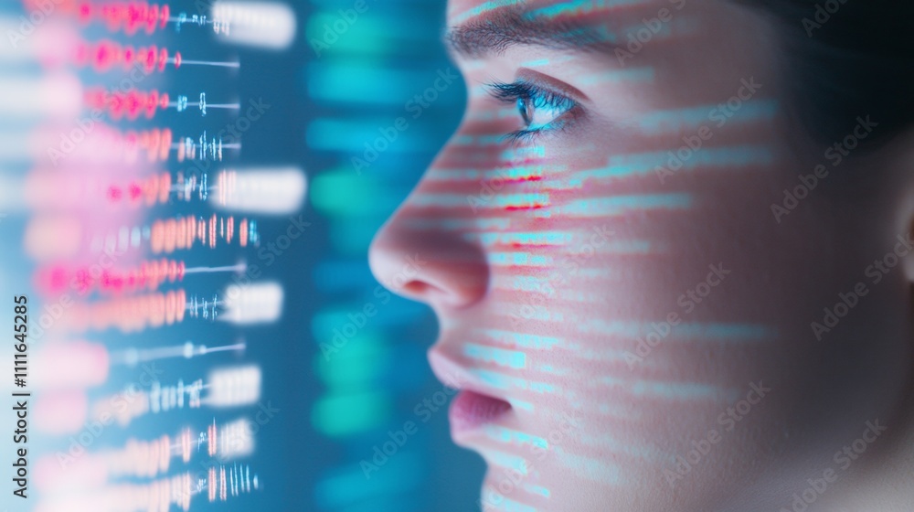 Poster futuristic scientist analyzing data with advanced technology interface