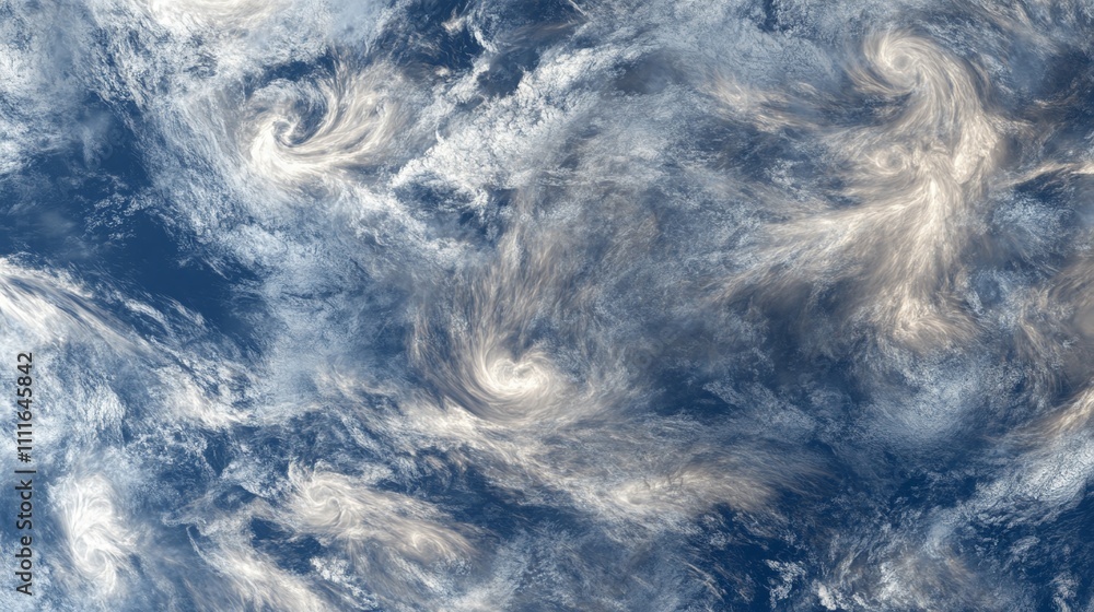 Poster cloud formation patterns viewed from above creating marble-like swirls in titanium white and storm g