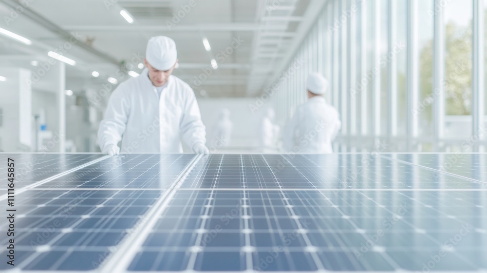 Poster modern energy innovation scientists in laboratory with solar panel prototype and equipment