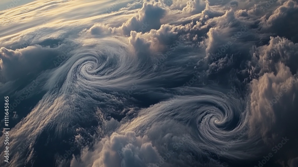 Poster cloud formation patterns viewed from above creating marble-like swirls in titanium white and storm g