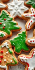 Obraz premium Close up of beautifully decorated Christmas gingerbread cookies with festive icing, baking