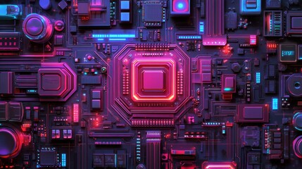 Neon-lit circuit board with glowing CPU. Ideal for tech, AI, and futuristic designs.