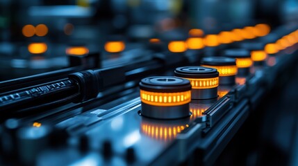 Industrial scene featuring glowing machinery components in operation.