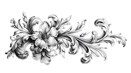 Elegant grayscale floral ornament with swirling leaves and a central flower, ideal for design projects.