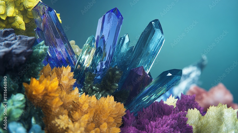 Aufkleber crystallization patterns of various salts creating dendritic growth forms in jewel tones