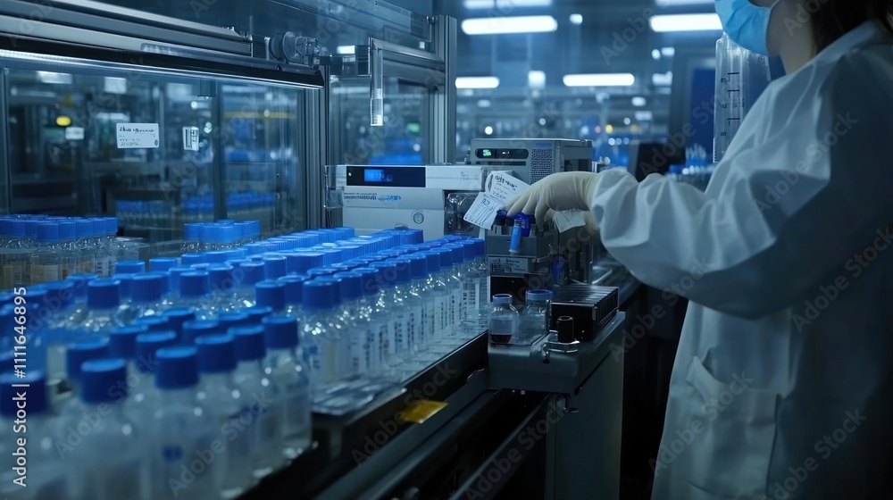 Poster laboratory setting with vials and equipment in use