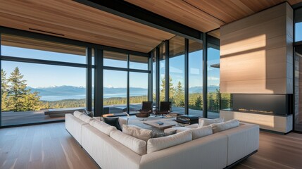 Fototapeta premium Elegant living room blending natural wood textures modern furniture soft lighting and expansive windows creating a serene inviting space