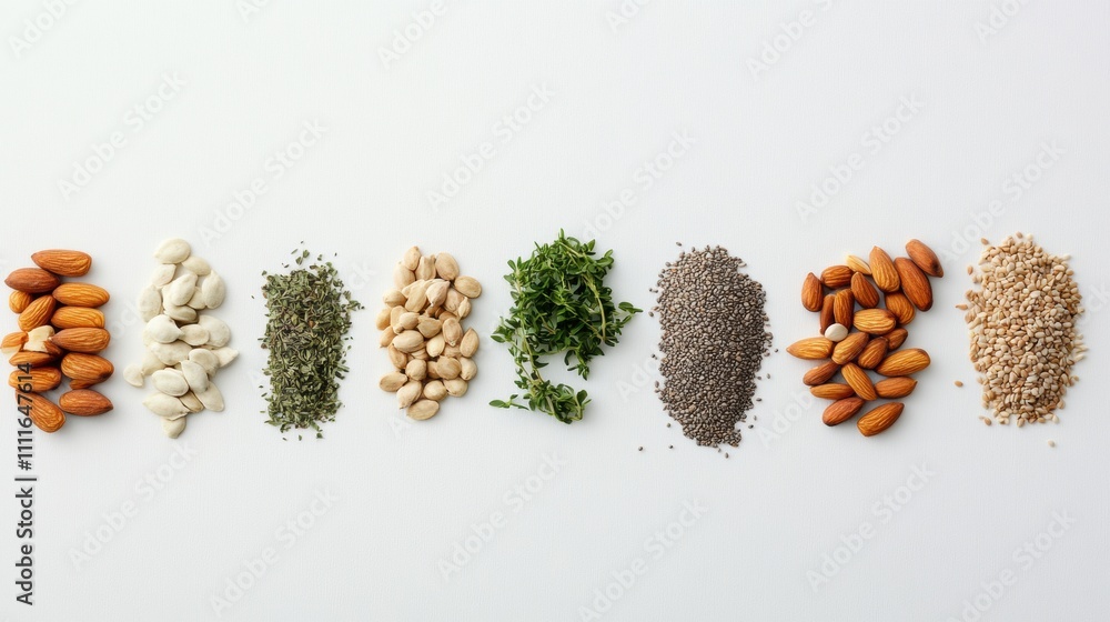 Fototapete Organic seeds, nuts, and herbs are arranged neatly on a white surface, with ample space available for additional text or design elements. Generative AI