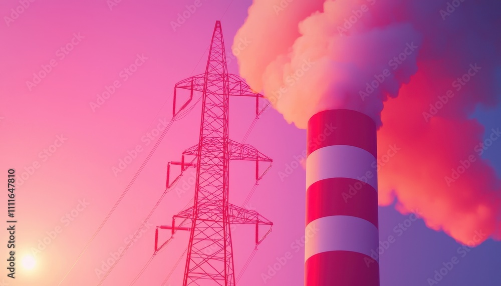 Poster industrial power station with high-capacity transformers and networked lines visualizing peak electr