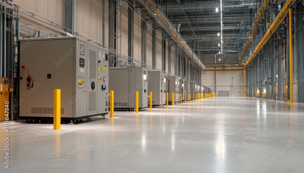 Poster industrial power station with high-capacity transformers and networked lines visualizing peak electr