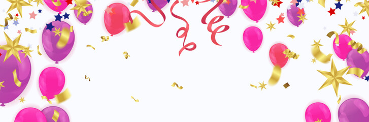 Balloons and confetti on white background. Vector Illustration.